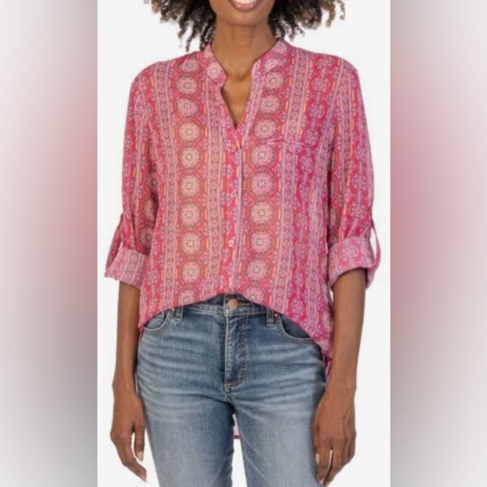 Kut from the Kloth Jasmine Chiffon Button-Up Shirt in Albi Stripe Fuchia